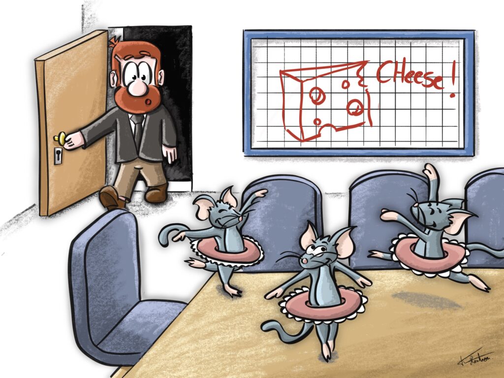 dessin de souris qui dansent sur une table dans une salle de réunion pour illustrer un dicton de manière détournée : quand le dirigeant d'entreprise n'est pas là, les souris dansent.